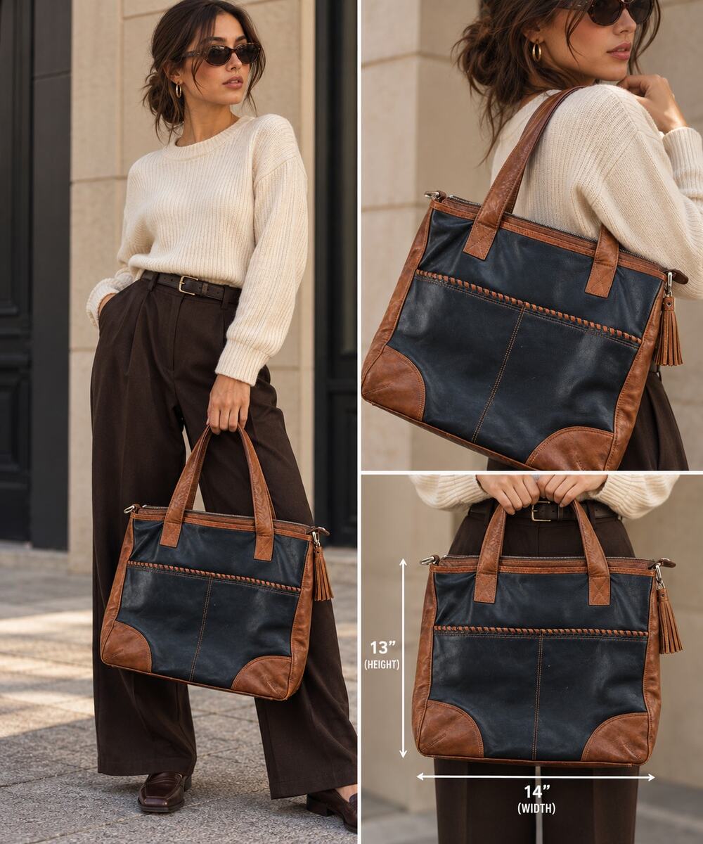 ILI New York Genuine Leather Tote Bag Black Brown Whipstitch Vintage Boho